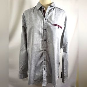 Craft + Flow button-up gray with burgundy accents shirt   women's L  #977